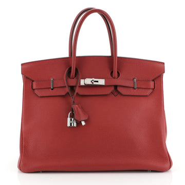 Hermes Birkin Handbag Red Clemence with Palladium Hardware 35