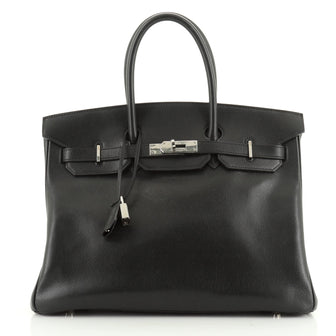 Hermes Birkin Handbag Black Veau Grain Lisse with Palladium Hardware 35
