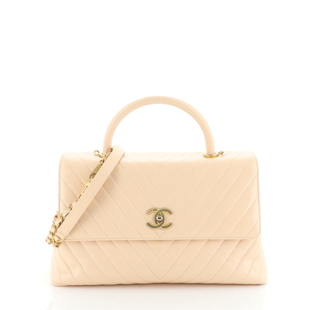 Chanel Coco Top Handle Bag Chevron Calfskin Large Neutral 491651