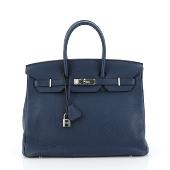 Hermes Birkin Handbag Blue Clemence with Palladium Hardware 35