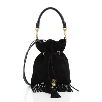 Saint Laurent Monogram Flat Bucket Bag Suede Fringe Small