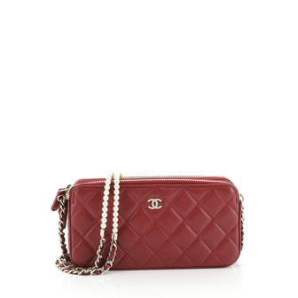 Chanel Double Zip Clutch with Pearl Chain Quilted Lambskin 