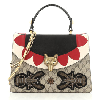 Gucci Broche Top Handle Bag Embroidered GG Coated Canvas and Leather Medium