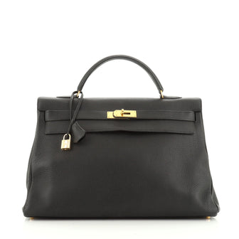 Hermes Kelly Handbag Black Clemence Gold Hardware 40