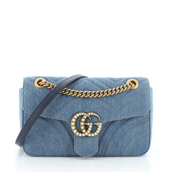 Gucci Pearly GG Marmont Flap Bag Matelasse Denim Small