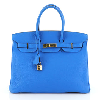 Birkin Handbag Blue Clemence with Gold Hardware 35