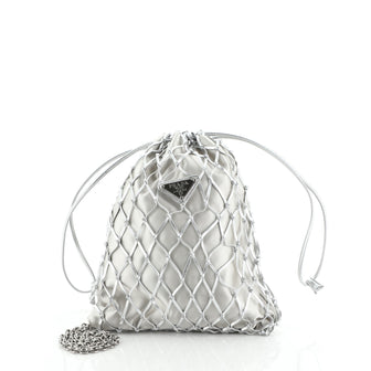 Macrame Bucket Bag Woven Leather and Satin