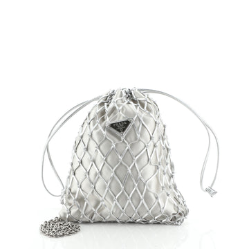 Macrame Bucket Bag Woven Leather and Satin