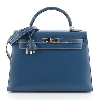 Hermes Kelly Handbag Blue Box Calf with Palladium Hardware 32