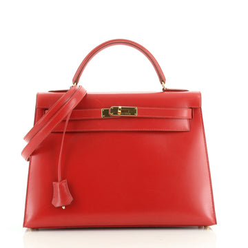 Hermes Kelly Handbag Red Box Calf with Gold Hardware 32