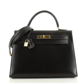 Hermes Kelly Handbag Black Box Calf with Gold Hardware 32