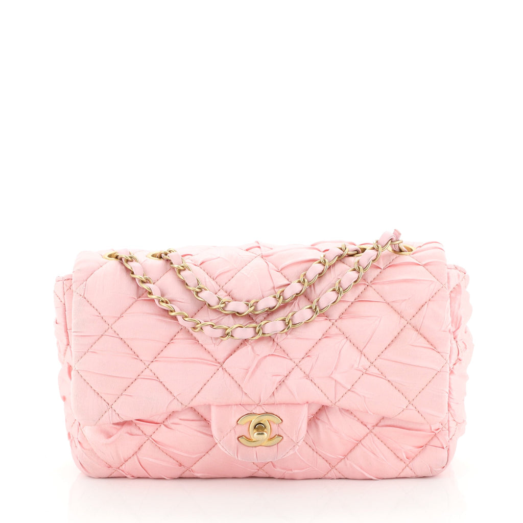Chanel CC Flap Bag Quilted Pleated Satin Medium Pink 495776