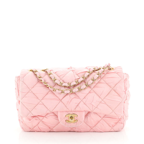 Chanel Pink Diamond Quilted Pleated Satin Medium Flap Bag - Yoogi's Closet