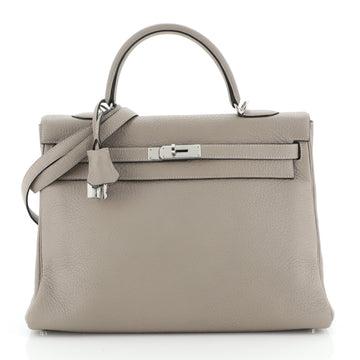 Hermes Kelly Handbag Grey Clemence with Palladium Hardware 35