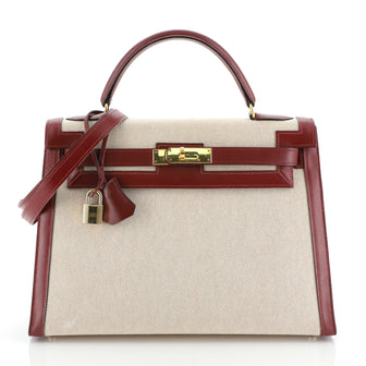 Hermes Kelly Handbag Toile and Red Box Calf with Gold Hardware 32