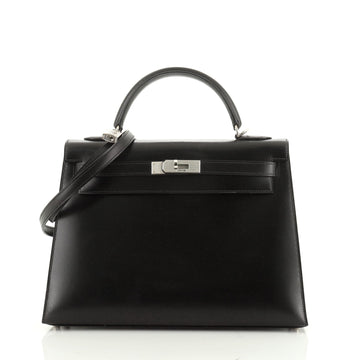 Hermes Kelly Handbag Black Box Calf with Guilloche Palladium Hardware 32