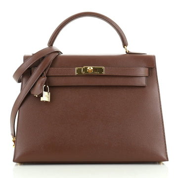 Hermes Kelly Handbag Brown Courchevel with Gold Hardware 32