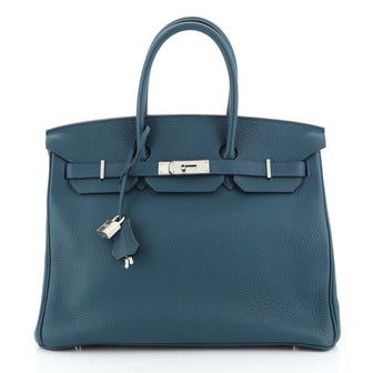 Hermes Birkin Handbag Blue Clemence with Palladium Hardware 35