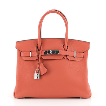 Hermes Birkin Handbag Red Clemence with Palladium Hardware 30
