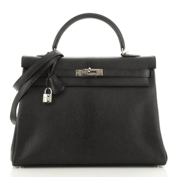 Hermes Kelly Handbag Black Chevre de Coromandel with Palladium Hardware 35