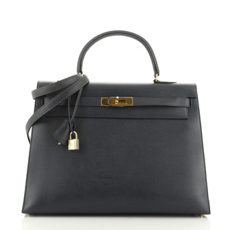 Hermes Kelly Handbag Blue Courchevel with Gold Hardware 35