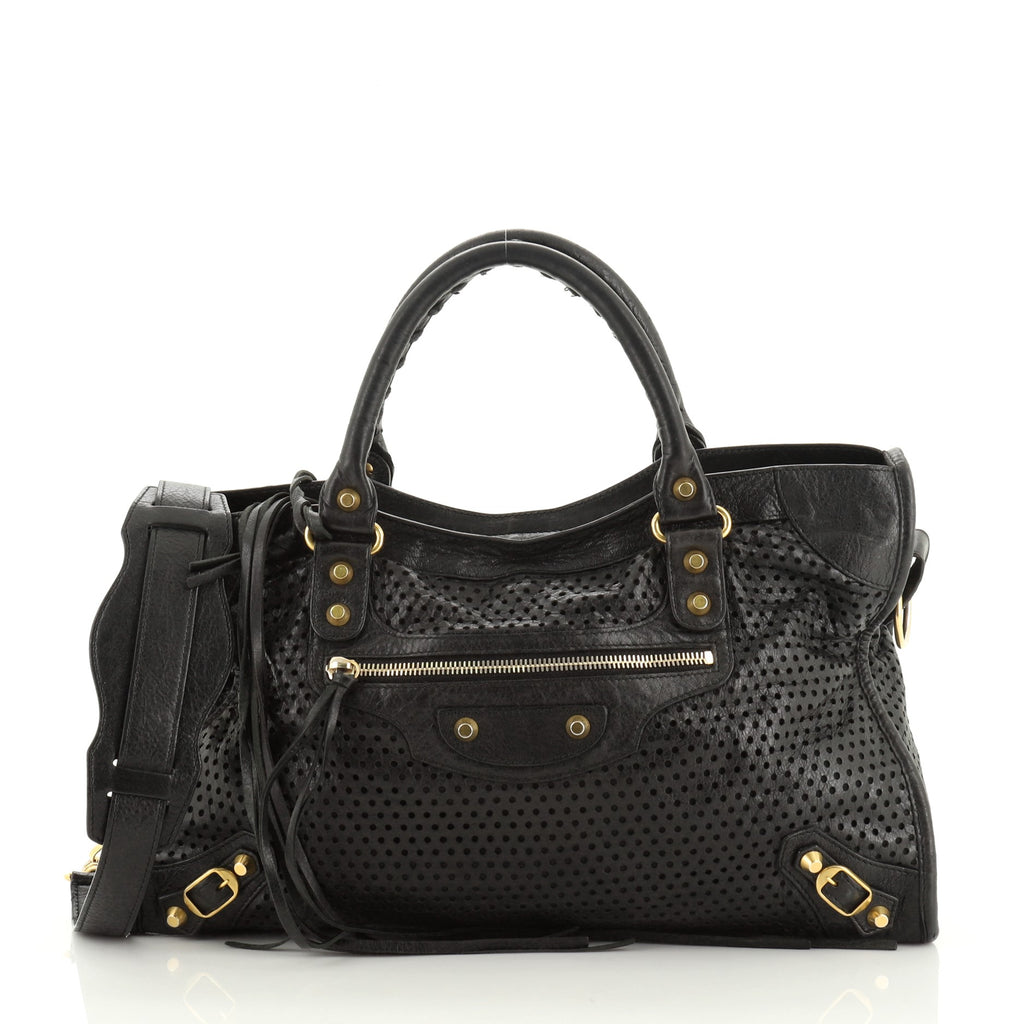 Balenciaga City Classic Studs Bag Perforated Leather Medium Black 497554