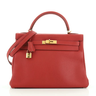 Kelly Handbag Rouge Garance Clemence with Gold Hardware 32