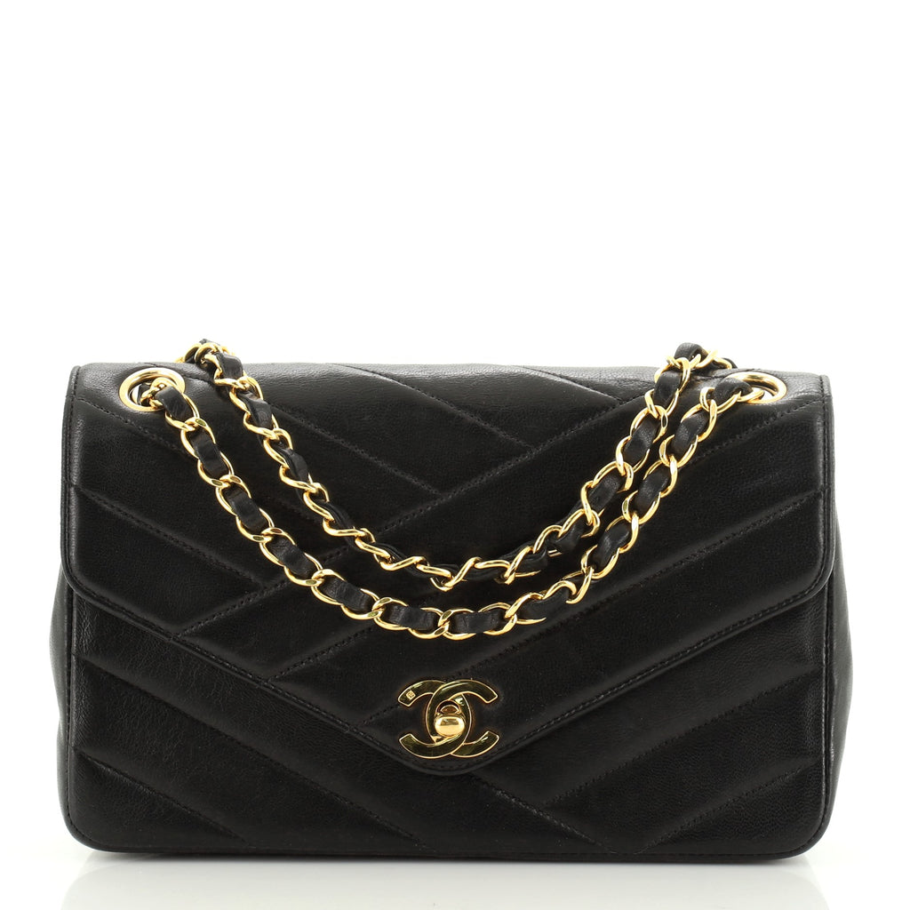 Chanel Vintage Envelope Flap Bag Chevron Lambskin Medium Black