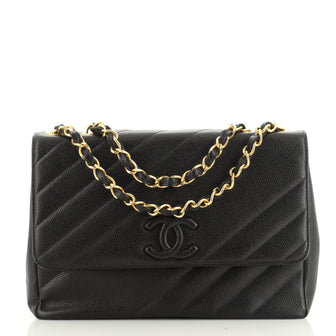 Vintage Covered CC Flap Bag Diagonal Quilted Caviar Jumbo