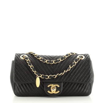 Chanel Black Chevron Quilted Wrinkled Goatskin Medium Medallion Charm Flap Gold Hardware, 2014 (Very Good), Womens Handbag