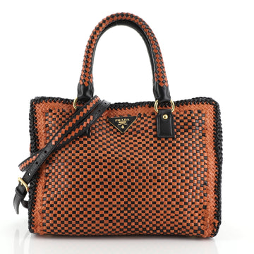 Prada Madras Convertible Open Tote Woven Leather Small