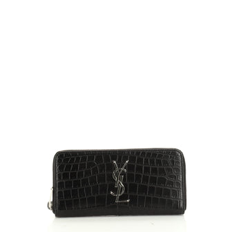 Saint Laurent Classic Monogram Zip Around Wallet Crocodile Embossed Leather 