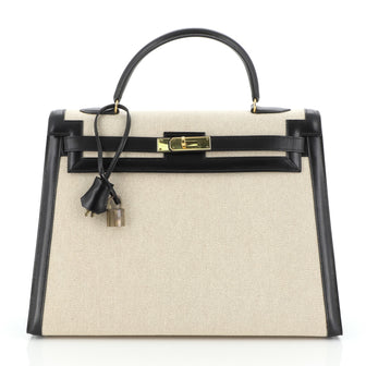 Hermes Kelly Handbag Toile and Black Box Calf with Gold Hardware 35