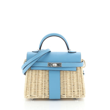 Hermes Picnic Kelly Handbag Blue Swift and Wicker with Palladium Hardware 20