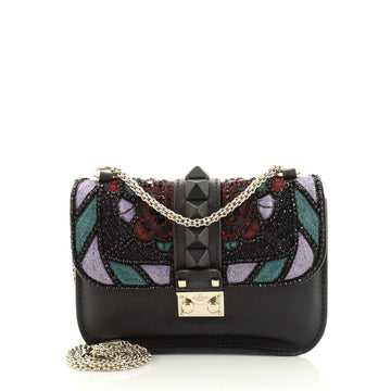 Valentino Glam Lock Shoulder Bag Embroidered Leather Small