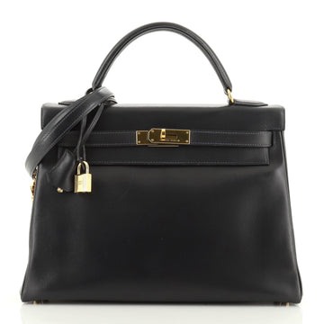 Kelly Handbag Bleu Indigo Box Calf with Gold Hardware 32