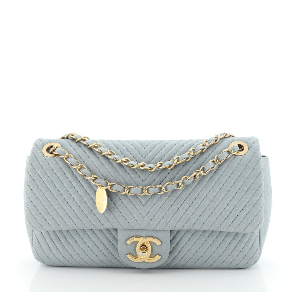Chanel Medallion Charm Flap Bag Chevron Wrinkled Lambskin Medium Blue  5037075