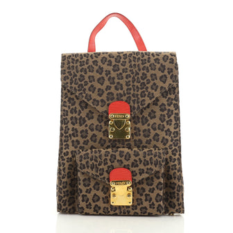 Fendi Vintage Flap Backpack Leopard Print Jacquard 