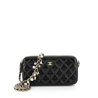Chanel Pearl Charms Double Zip Clutch with Chain Quilted Shiny Lambskin 