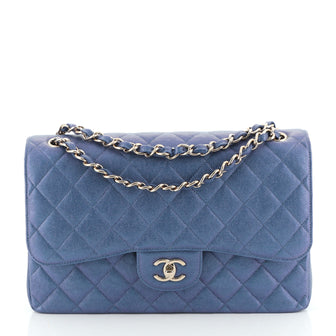Chanel Classic Double Flap Bag Quilted Iridescent Caviar Jumbo Blue 505553