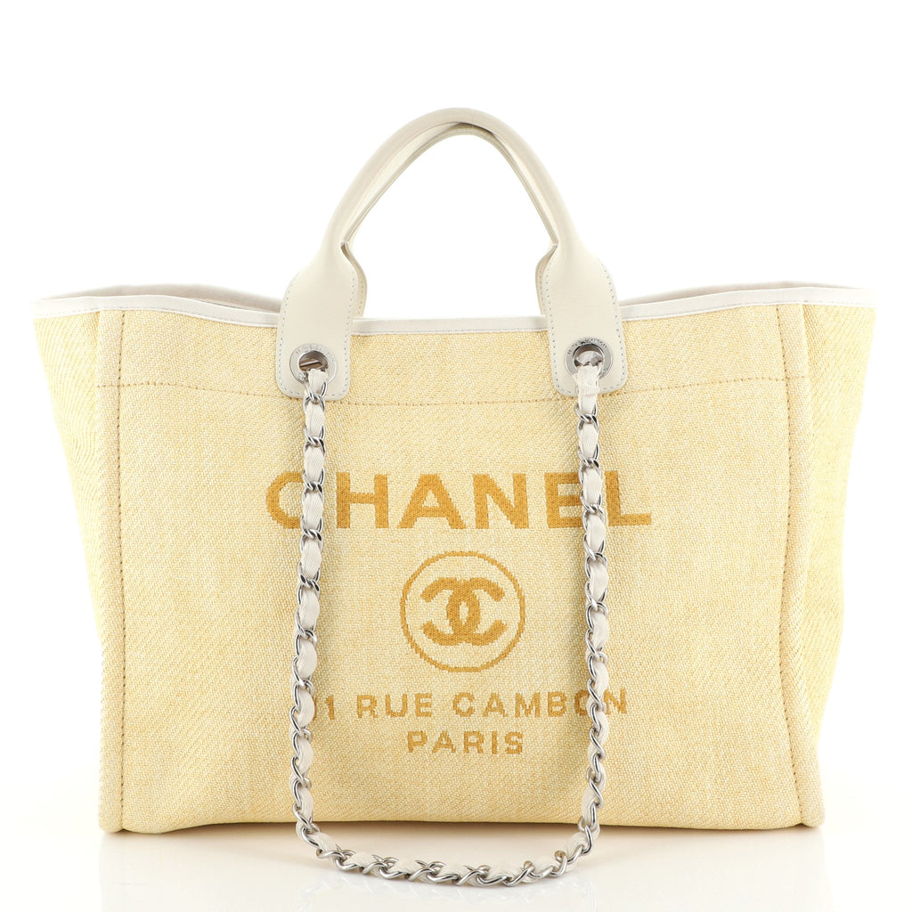 Chanel Deauville Large/Medium, Raffia Beige with Black Trim, Gold Hardware  Preowned in Box (Mint Condition) MA001