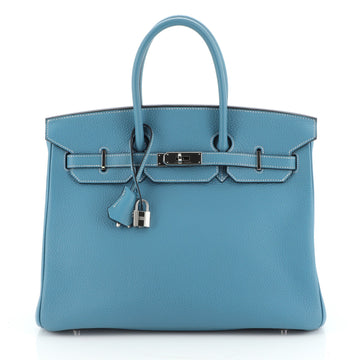 Birkin Handbag Blue Jean Clemence with Palladium Hardware 35