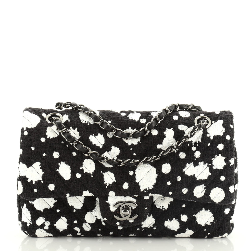 Chanel Black/White Splatter Paint Tweed Medium Classic Double Flap Bag  Chanel