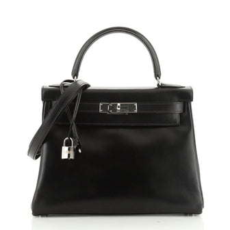 Kelly Handbag Black Box Calf with Palladium Hardware 28