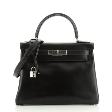 Kelly Handbag Black Box Calf with Palladium Hardware 28
