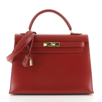 Kelly Handbag Rouge Vif Box Calf with Gold Hardware 32