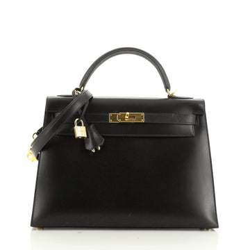 Kelly Handbag Noir Box Calf with Gold Hardware 32