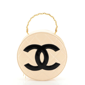 Vintage Round Top Handle Vanity Case Quilted Patent