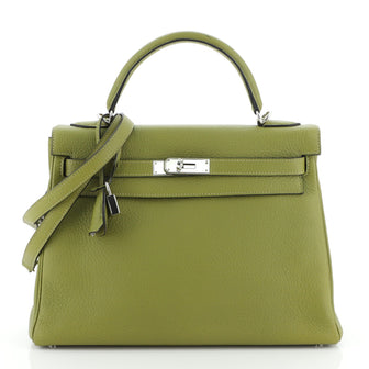 Hermes Kelly Handbag Green Clemence with Palladium Hardware 32