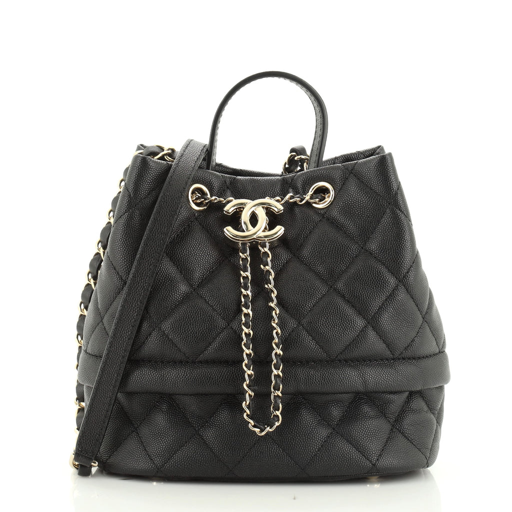 Chanel Rolled Up Drawstring Bucket Bag Quilted Caviar Black